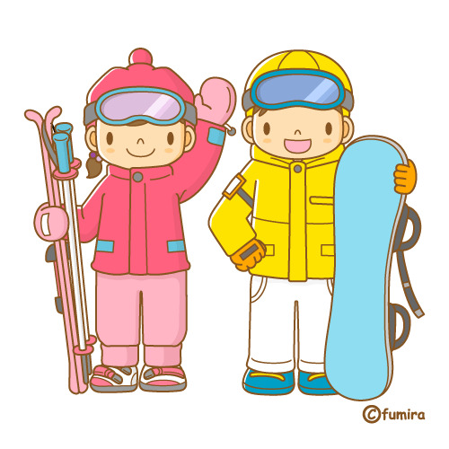 イラスト：スキーとスノーボードをする子ども