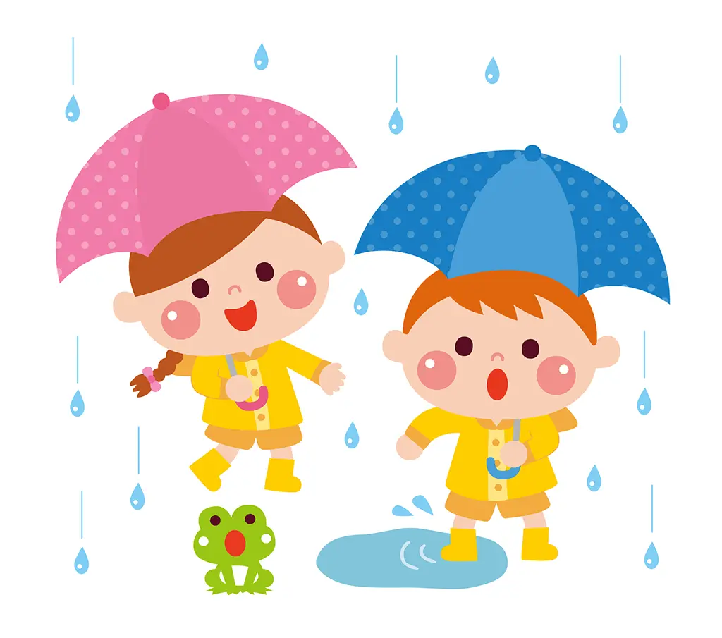 イラスト：傘を差した子どもたちとカエル