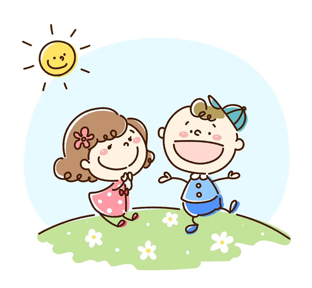 イラスト：外ではしゃぐ子供たちと太陽
