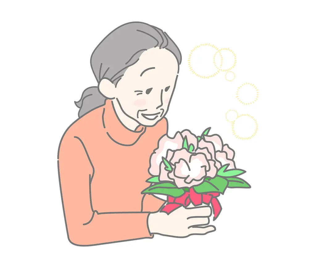 イラスト：花束を手に持って嬉しそうな笑顔のおばあちゃん