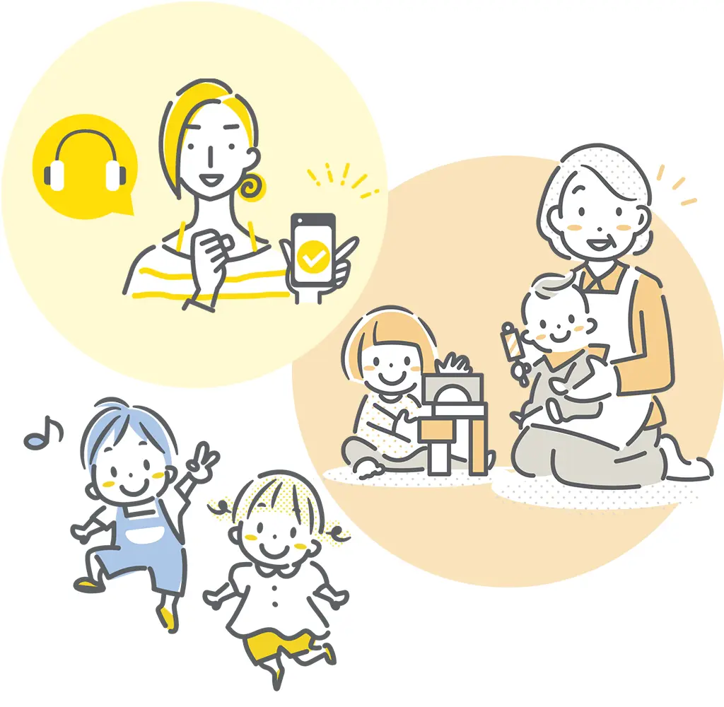 イラスト：音楽をスマホにダウンロードする女性、園児の面倒を見る女性、踊る園児