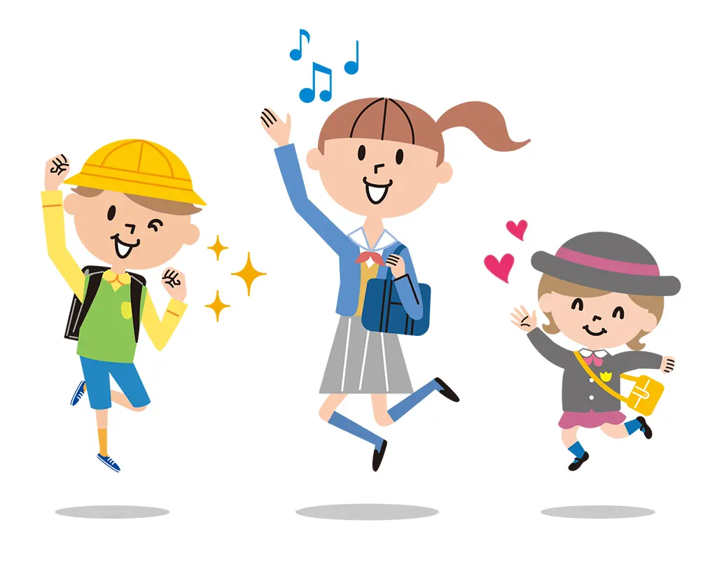 イラスト：元気に飛び跳ねる3人の子ども達